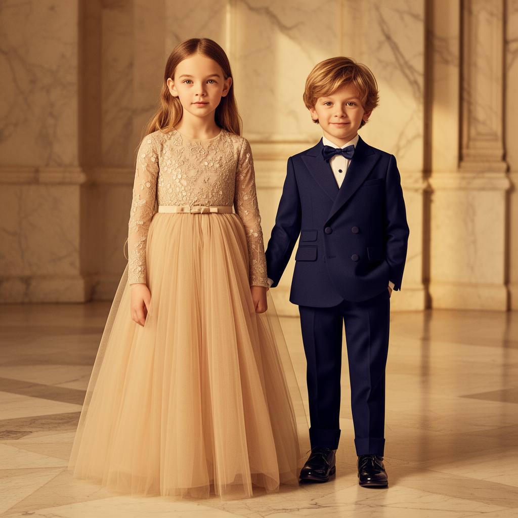 Two children in champagne tulle and navy suiting in a marble interior