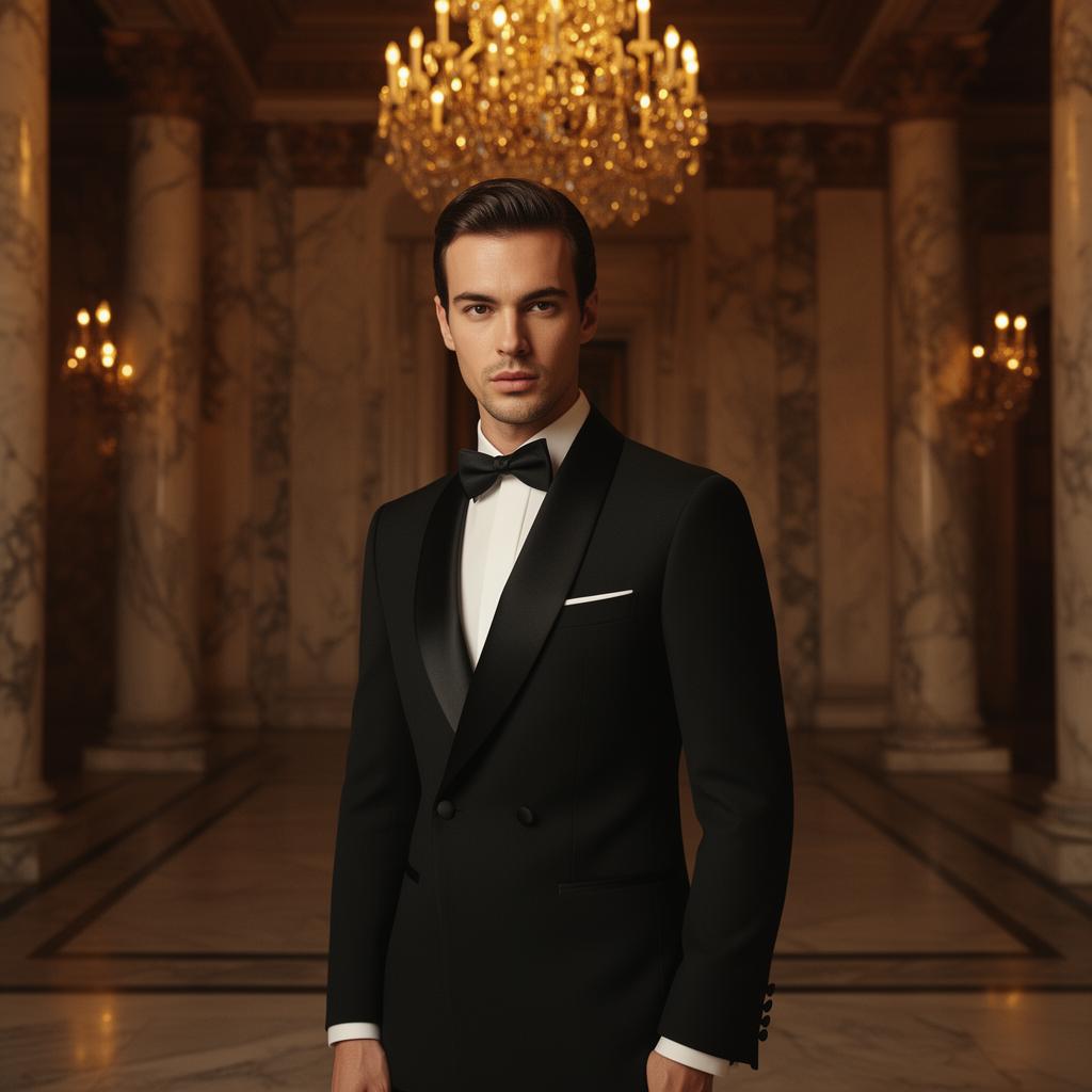 Fashion model in a black satin-lapel tuxedo in a chandeliered marble hall