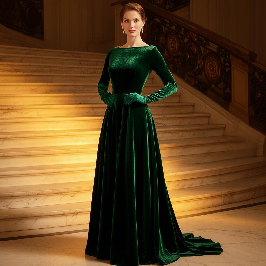 Fashion model in emerald velvet floor-length gown on a marble staircase